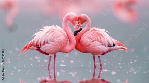 Two pink flamingos standing in a body of water with their heads together