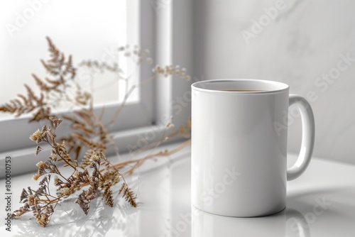 White Blank Mug Mockup in Photographic Scene created with Generative AI (ID: 800080753)