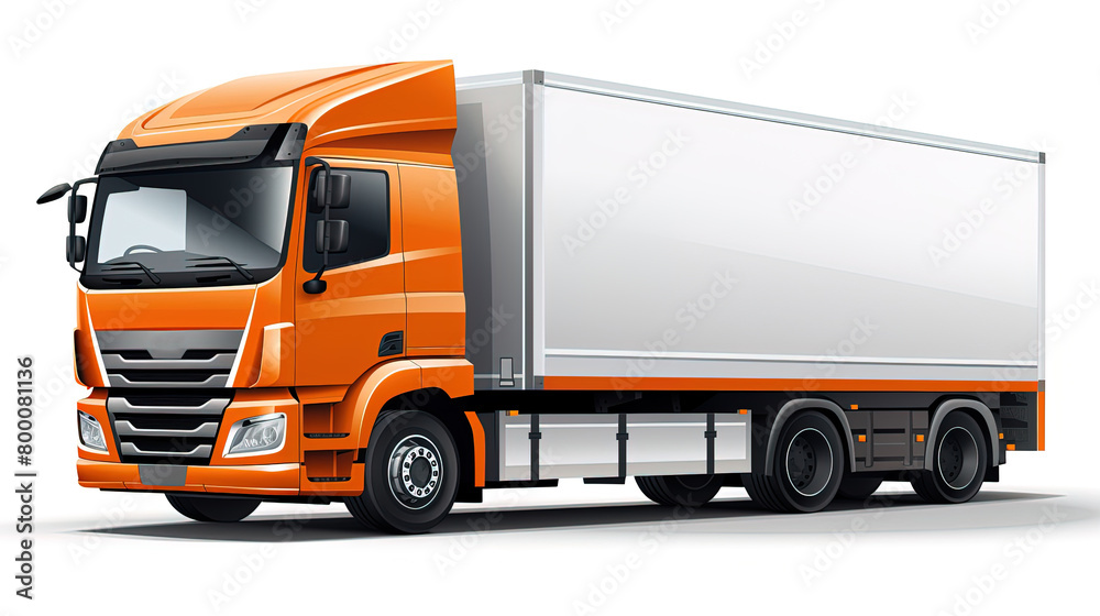 Big orange cargo truck with blank mockup template copy space for advertising on semi trailer isolated on white background