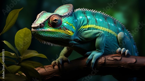 A chameleon sits on a branch in a jungle