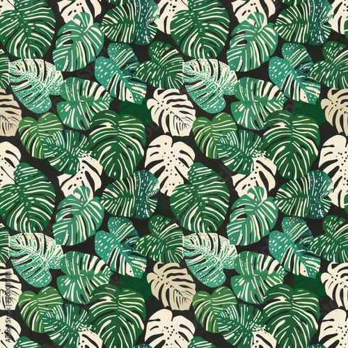 Tropical leaves Mid-Century modern art future abstract. Artistic palm leaves on background. Tropical leaves silhouette elements background. Monstera leaf in retro style. Seamless background