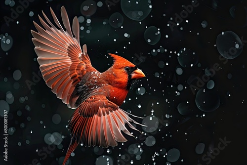 a beautiful northern cardinal bird flying by flaps the wings with droplets of water on black background  photo