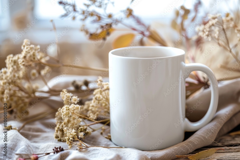 White Blank Mug Mockup in Photographic Scene created with Generative AI White Blank Mug Mockup in Photographic Scene created with Generative AI