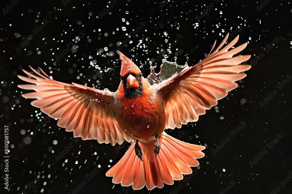 Obraz premium a beautiful northern cardinal bird flying by flaps the wings with droplets of water on black background 