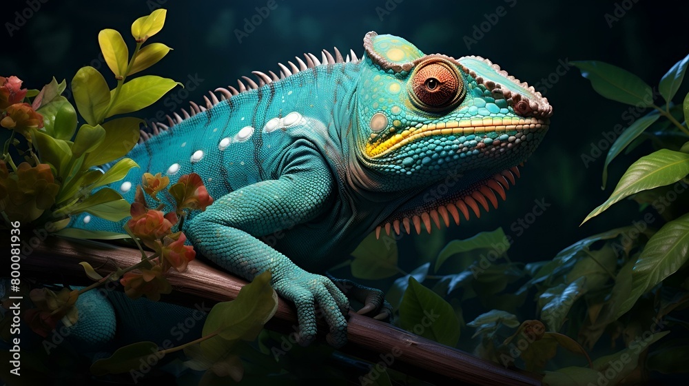 Obraz premium Chameleon in the jungle closeup blue color