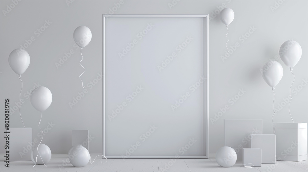 3d rendering of colorful silver white background wall with birthday party decoration, silver white colors, empty wall mock up, birthday invitation, greeting card	
