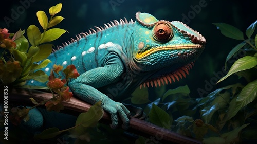 Chameleon in the jungle closeup blue color