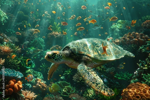 photo of Sea turtle in the island .sea turtle close up over coral reef in Hawaii ,curious sea turtle swimming gracefully through clear turquoise waters, its intricate shell adorned with barnacles 