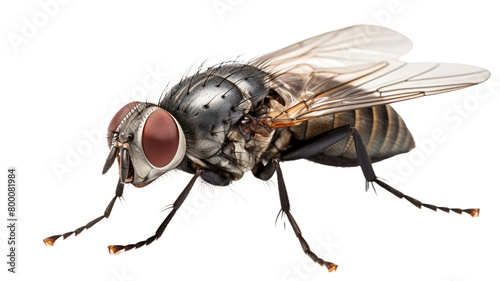 A close up dorsal view of a small housefly (musca domestica) isolated on transparent background. photo