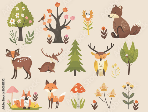 a set of cute woodland animals and trees