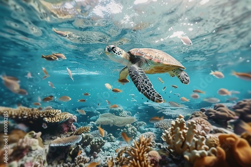 photo of Sea turtle in the island .sea turtle close up over coral reef in Hawaii  curious sea turtle swimming gracefully through clear turquoise waters  its intricate shell adorned with barnacles 