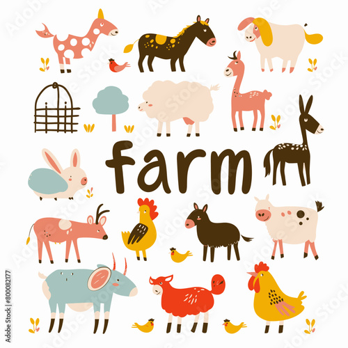 a farm poster with farm animals and birds