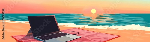 Laptop on beach towel, sea in the background, sunset hues, wideangle, high contrast