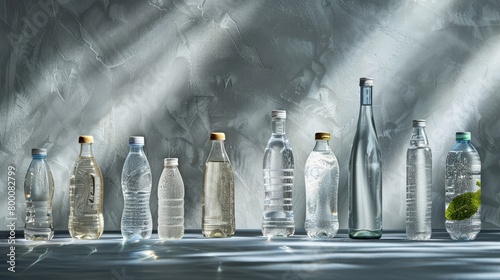 Sleek and modern photo ad of various water bottles, highlighting the unique textures of sparkling vs. still water, flavored options available