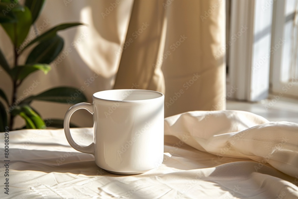 White Blank Mug Mockup in Photographic Scene created with Generative AI