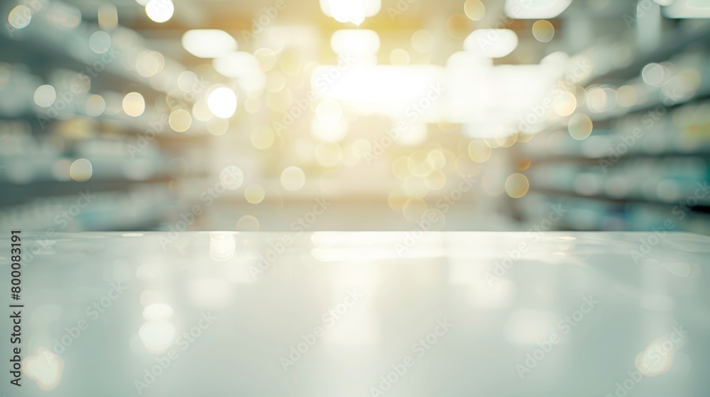 Defocused image of a pharmacy's bright interior with shelves and bokeh lights. Defocused image of a pharmacy's bright interior with shelves and bokeh lights.