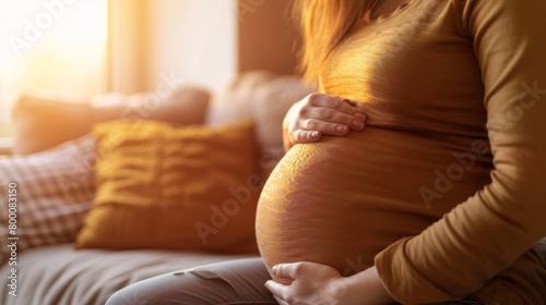 Expectant mother holding her pregnant belly gently while sitting comfortably in a warm, homely environment.