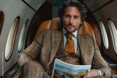 Successful business person in a high-end suit, seated on a plane, embodying the essence of professional success.