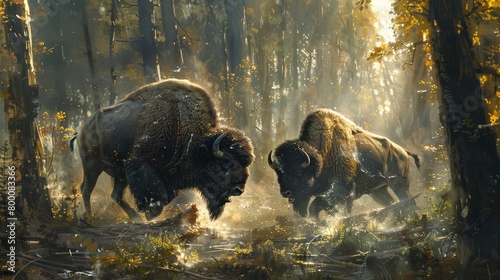 Two buffalo are fighting in the woods