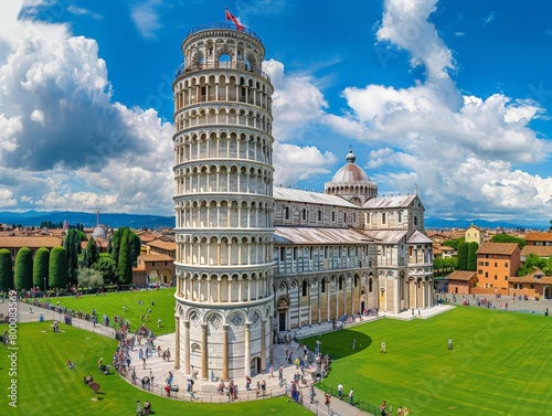 Panoramic view of the Leaning Tower of Pisa  leaning Italian landmark