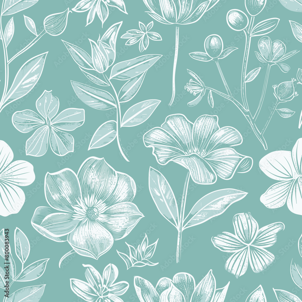 a blue and white flower pattern on a green background