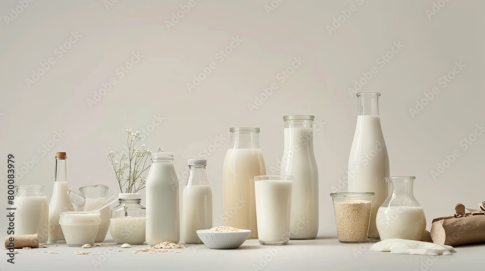 Professional studio capture of multiple milk options, focusing on cow's milk and alternatives like oat milk, against a stark white backdrop, raw style Professional studio capture of multiple milk options, focusing on cow's milk and alternatives like oat milk, against a stark white backdrop, raw style