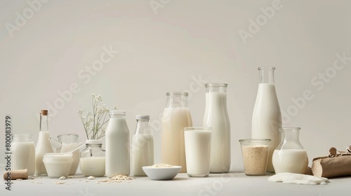Professional studio capture of multiple milk options, focusing on cow's milk and alternatives like oat milk, against a stark white backdrop, raw style © Paul