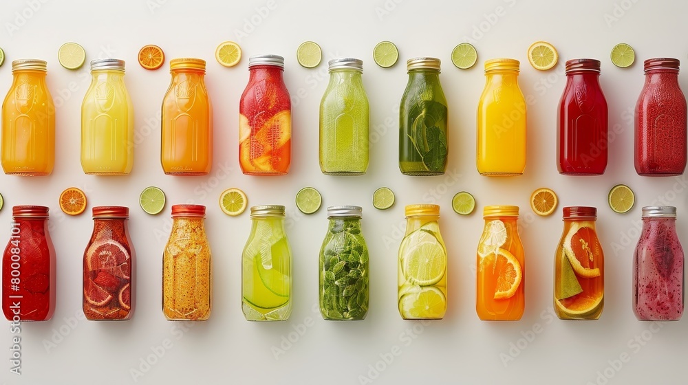 Overhead shot of various freshly squeezed and packaged juices, neatly aligned, vivid in color against a clean white setting Overhead shot of various freshly squeezed and packaged juices, neatly aligned, vivid in color against a clean white setting