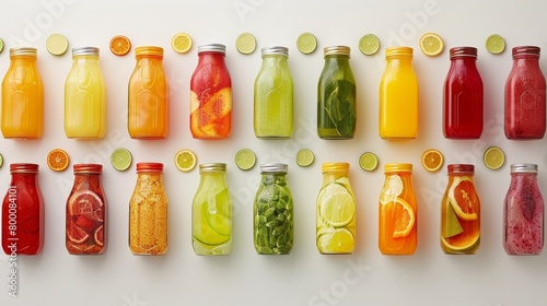 Overhead shot of various freshly squeezed and packaged juices  neatly aligned  vivid in color against a clean white setting