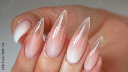 Perfectly shaped French ombre stiletto nails with a glossy finish highlight a modern take on nail beauty.