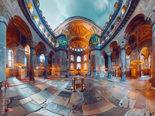 Panoramic view of the Hagia Sophia's intricate mosaics, Byzantine architecture