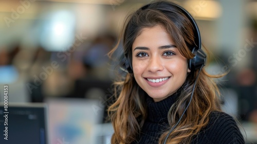 A Hispanic woman wearing a headset smiles at the camera