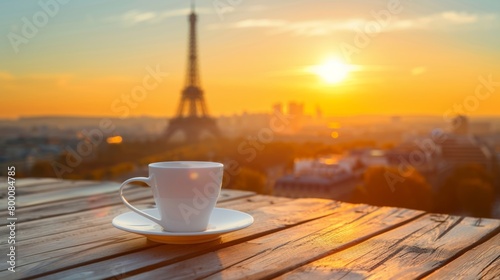 A serene morning scene with a white coffee cup on a wooden table, overlooking the Eiffel Tower in the warm glow of sunrise.