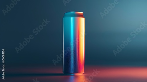 Minimalist design of an energy drink can, brightly lit against an isolated background, focus on unique branding and the promise of increased energy