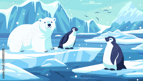 a group of penguins and a polar bear on an iceberg