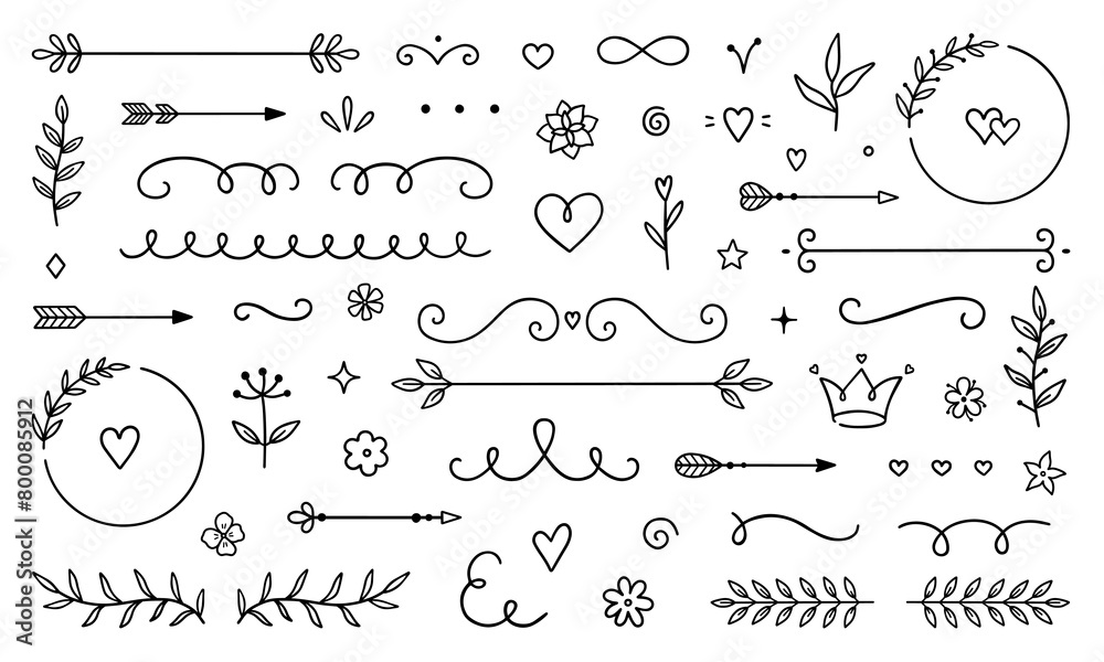 Decorative elements doodle set. Dividers, swirls, text separators. Divider ornament, corner borders, lines. Hand drawn vector illustration isolated on white background