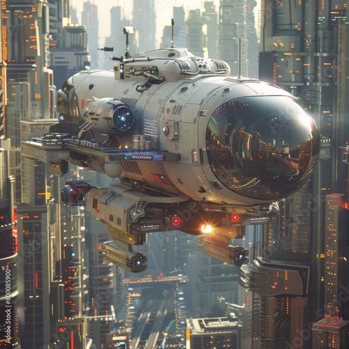 A compact, vertical takeoff and landing VTOL oil truck, hovering above a futuristic cityscape, ready to dock at a high rise fueling station photo