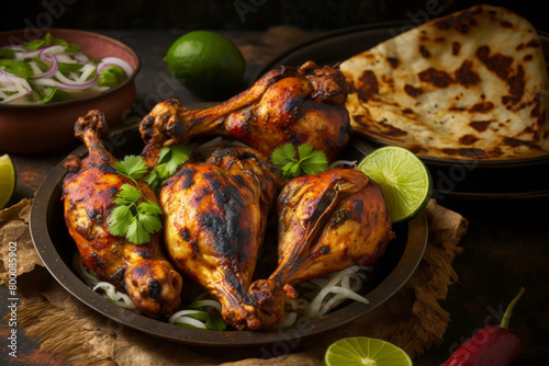 Indian dish ‘Chicken 65’ along with Roti on a table photo