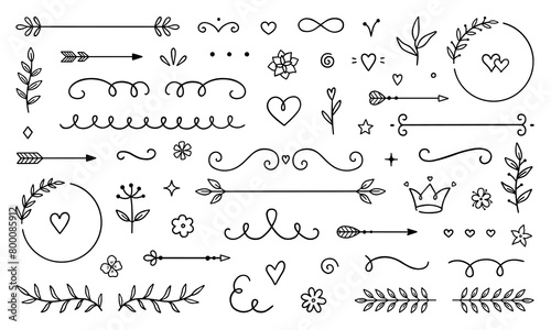 Decorative elements doodle set. Dividers, swirls, text separators. Divider ornament, corner borders, lines. Hand drawn vector illustration isolated on white background