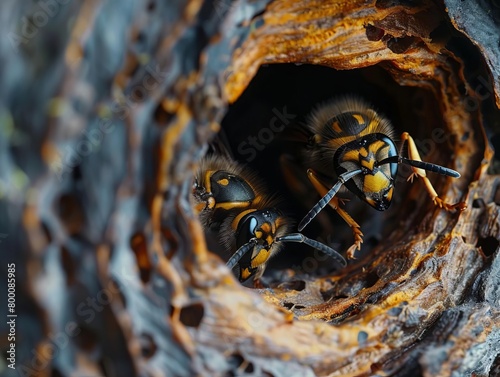 A macro shot of the entrance to a hornets nest, focusing on the guard hornets and the complex, layered structure of the nest entrance