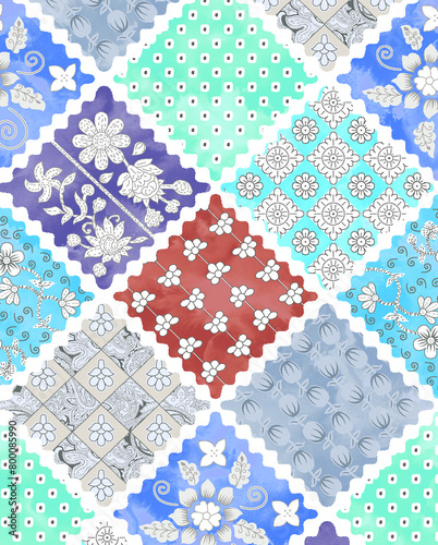 Digital seamless pattern block print batik vector ajrakh,Vector seamless pattern. Modern stylish texture. Repeating geometric tiles of rhombuses