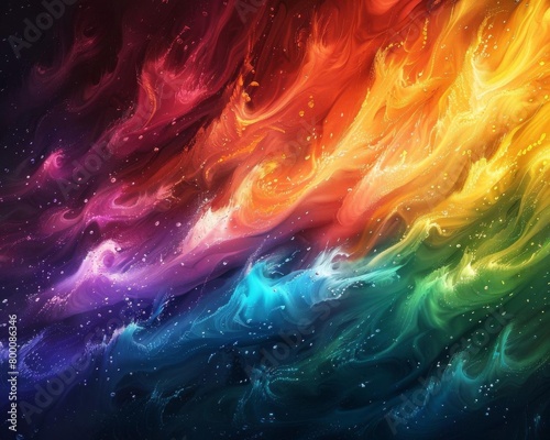 Design a visually captivating composition that captures the essence of Rainbow Fire, using a wide spectrum of hues to create a mesmerizing and vibrant display