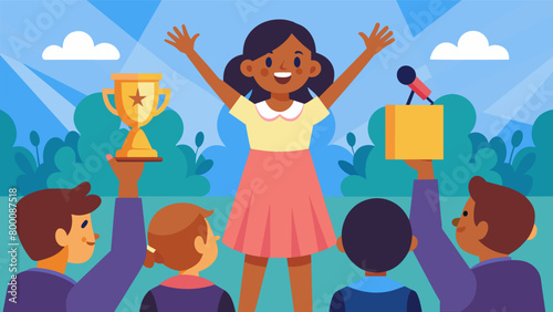 A young girl takes the stage her voice trembling with emotion as she speaks about the journey of her ancestors and the struggles they faced in search. Vector illustration