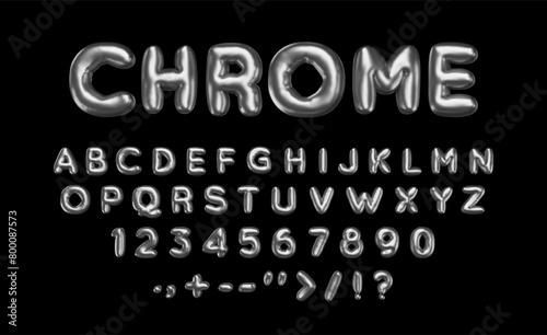 3d chrome english alphabet. Bubble letters, numbers and symbols with silver metallic effect. Inflated abc, plump pop characters. Vector illustration rendering. Balloon latin text.