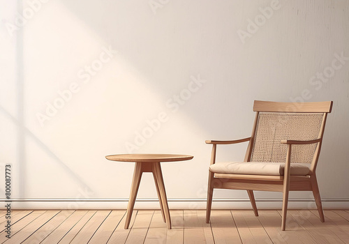 wooden armchair and wooden table in front of white wall realistic illustration in retro photo style