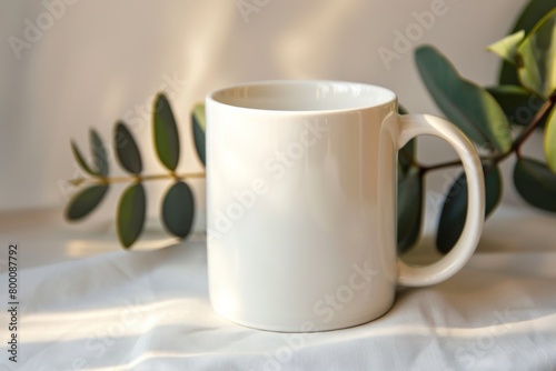 White Blank Mug Mockup in Photographic Scene created with Generative AI © dendyh7