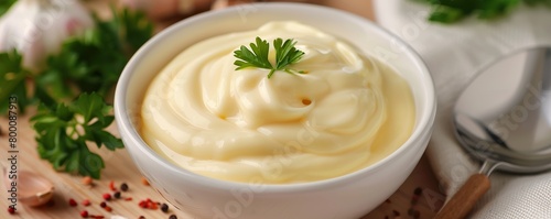 Mayonnaise sauce in white bowl on wooden table. Food concept for dessert