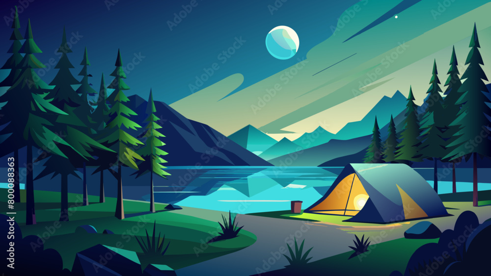 Serene Lakeside Camping Scene Under Moonlight Serene Lakeside Camping Scene Under Moonlight