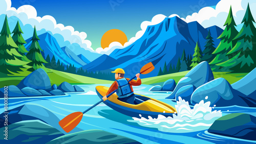 Adventurous Kayaker Navigating Serene Mountain River at Sunset