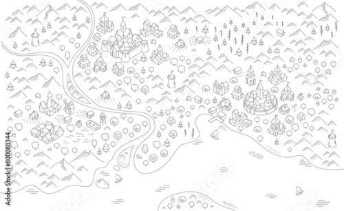 Medieval map with lake and river. Middle Ages kingdom map. Vector editable outline stroke.